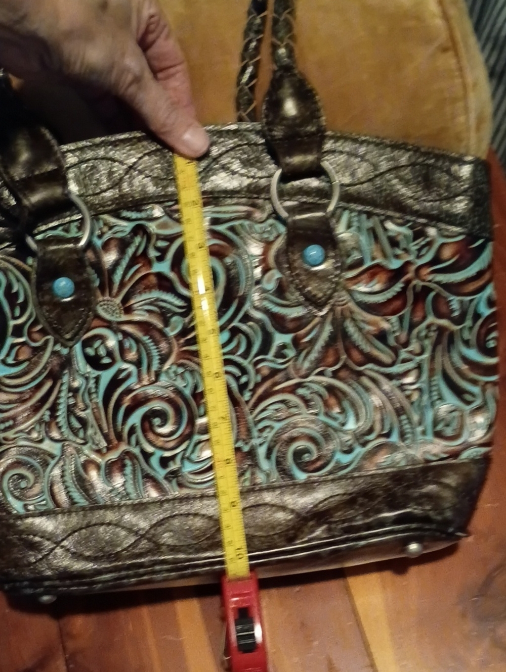 EUC Patricia Nash Turquoise & Brown Tooled Bag with Tassel & Matching wallet - Picture 3 of 12